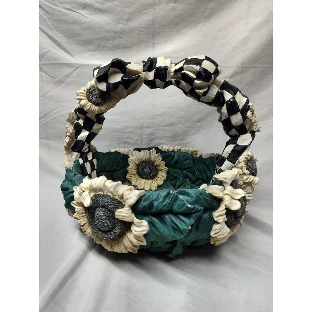 Vintage Ceramic Sunflower Basket Checkered Black And White Home Decor